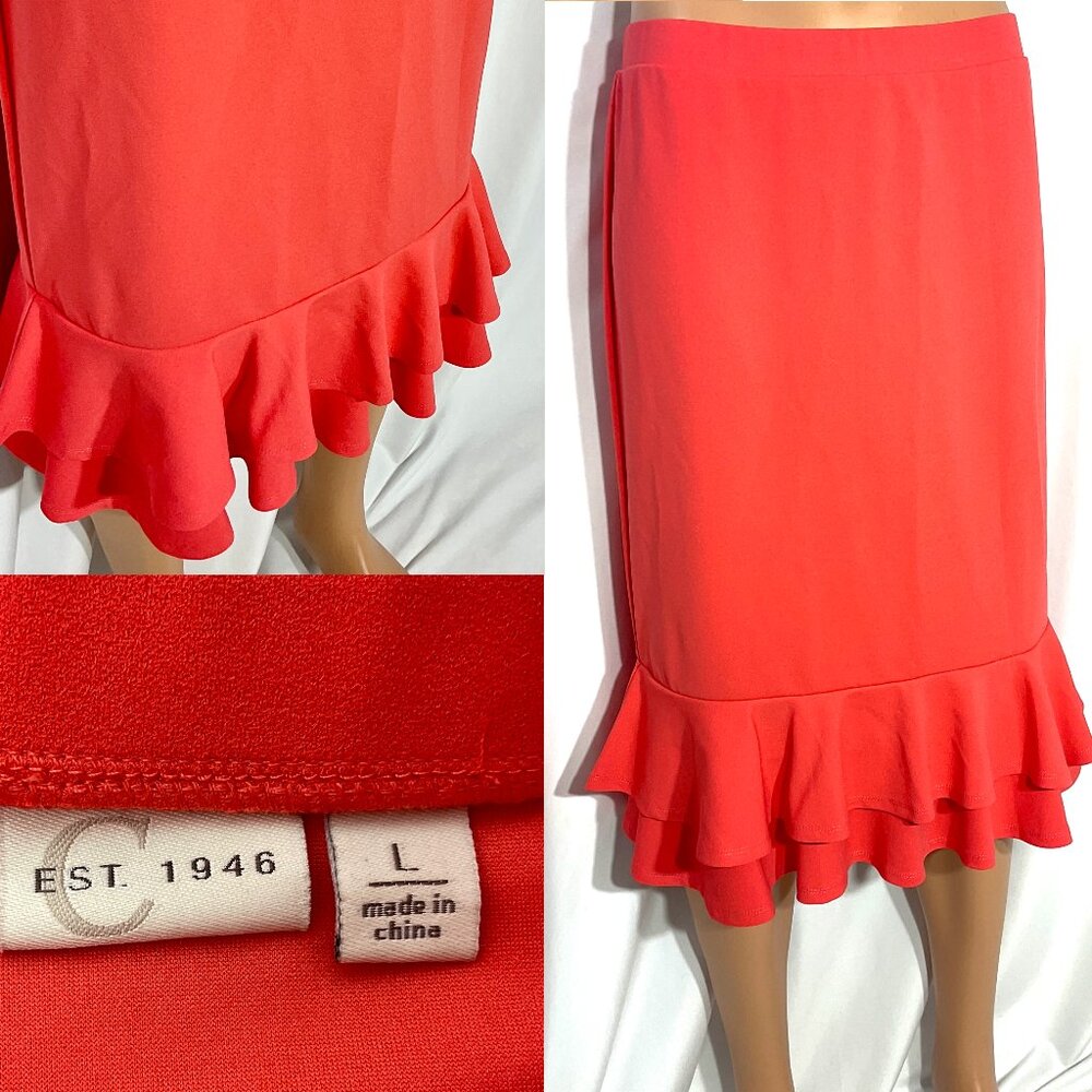 C est 1946 Sz L Orange Midi Skirt Ruffled Bottom